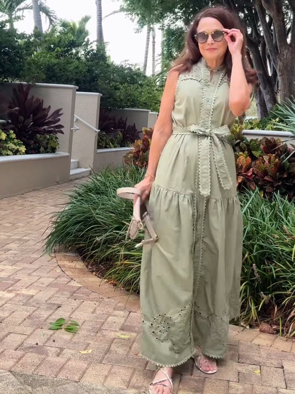 AVEC LES FILLES Eyelet Cotton Button Down Sage Green Maxi Dress